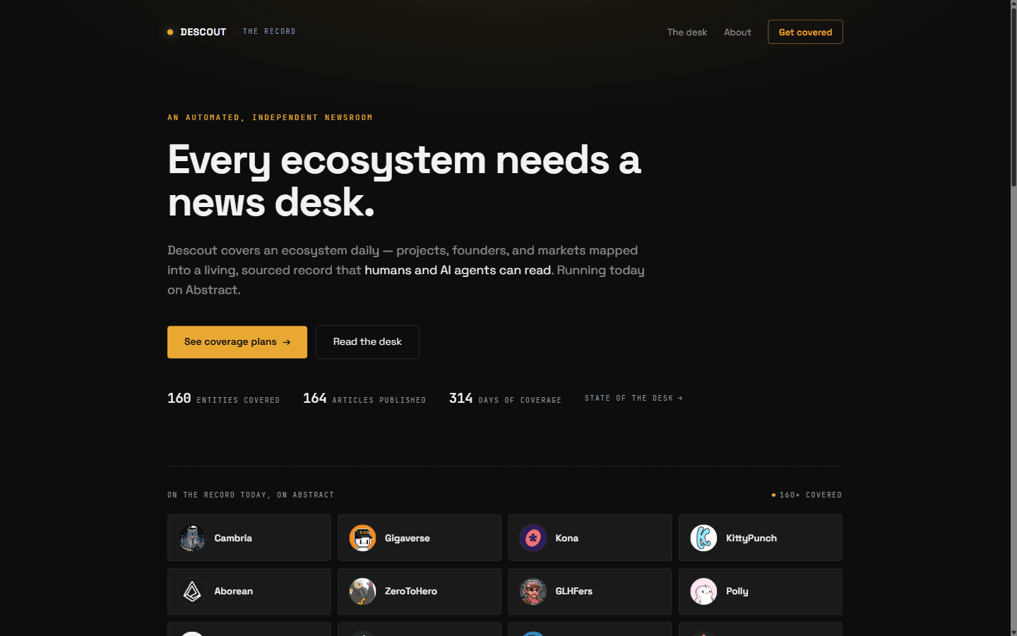 Descout front page — an automated, independent newsroom with live counters for entities covered, articles published, and consecutive days of coverage