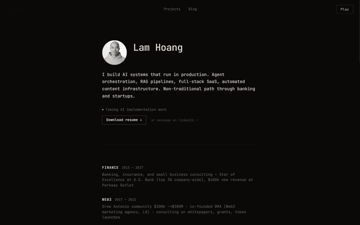 dryp.dev — Lam Hoang's terminal-style portfolio: AI systems that run in production