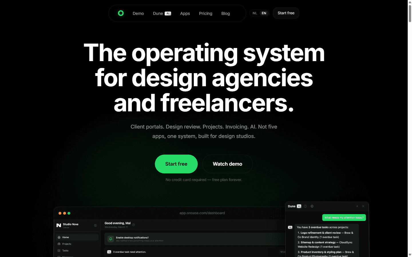 getoase.com — “The operating system for design agencies and freelancers,” with the product dashboard below the fold