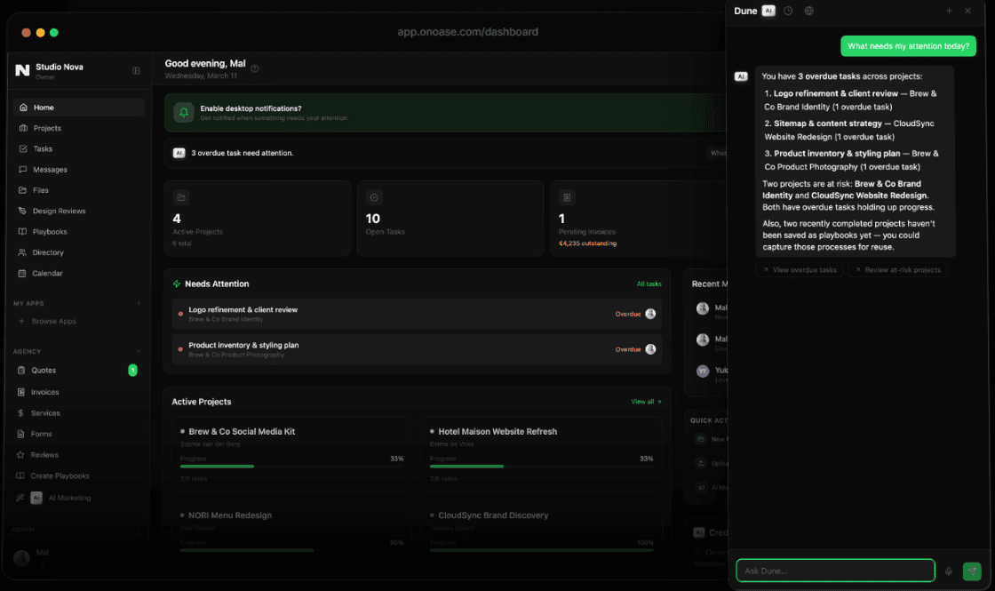 Oase agency dashboard — projects, tasks, and invoices, with the built-in AI assistant panel open and reasoning across projects