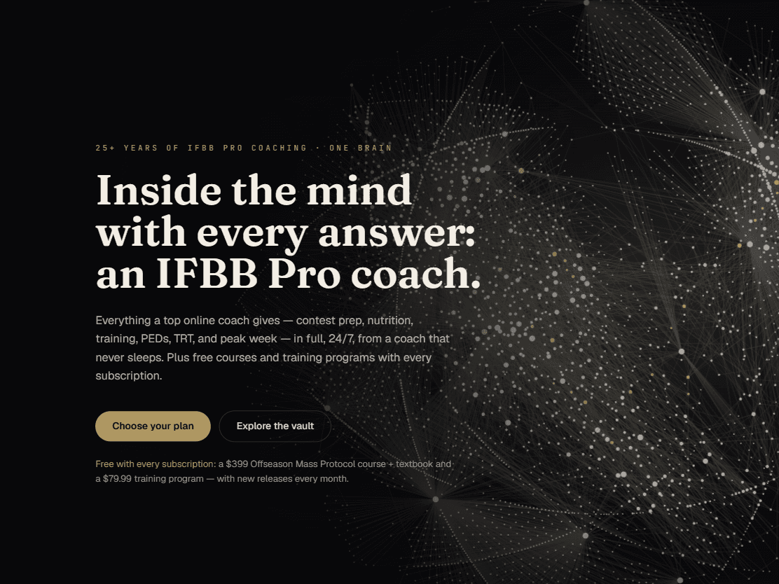 TroponinIQ landing page — the coach's methodology up front, with a knowledge-graph visual behind the headline