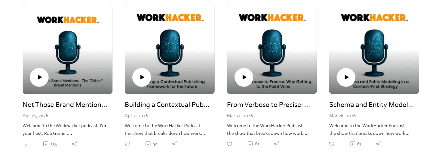 Four episode cards from The WorkHacker Podcast on Podbean — titles, dates, and download counts